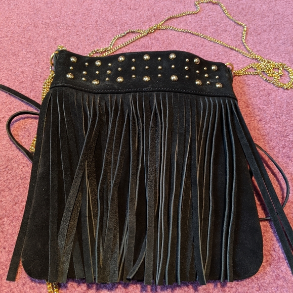 Lord & Taylor Handbags - Lord & taylor suede black and gold Fringe cross body bag